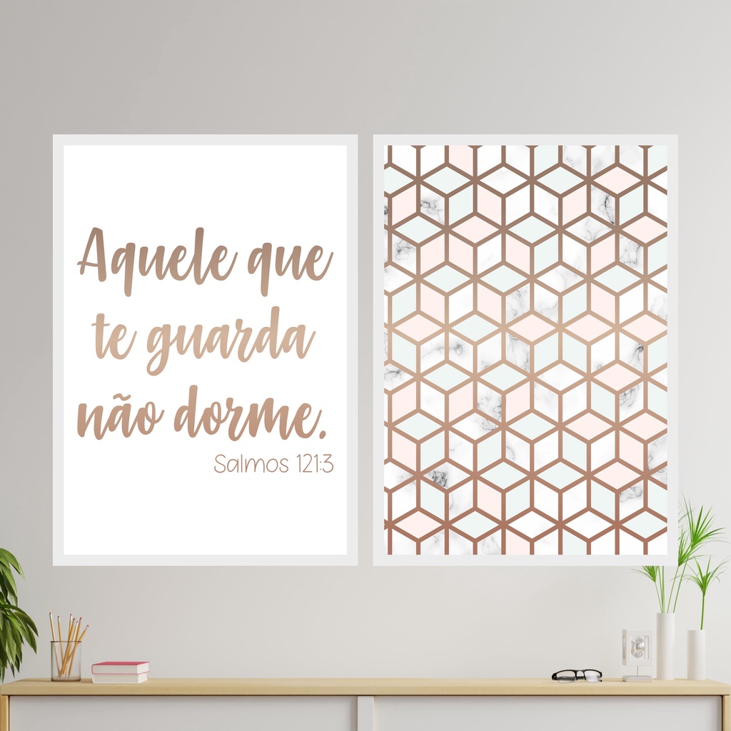 Kit Quadros Sala Quarto Aparador Decorativos Aquele Que Te Guarda SALMOS Cubos Marmore 2 Peças 20x28cm