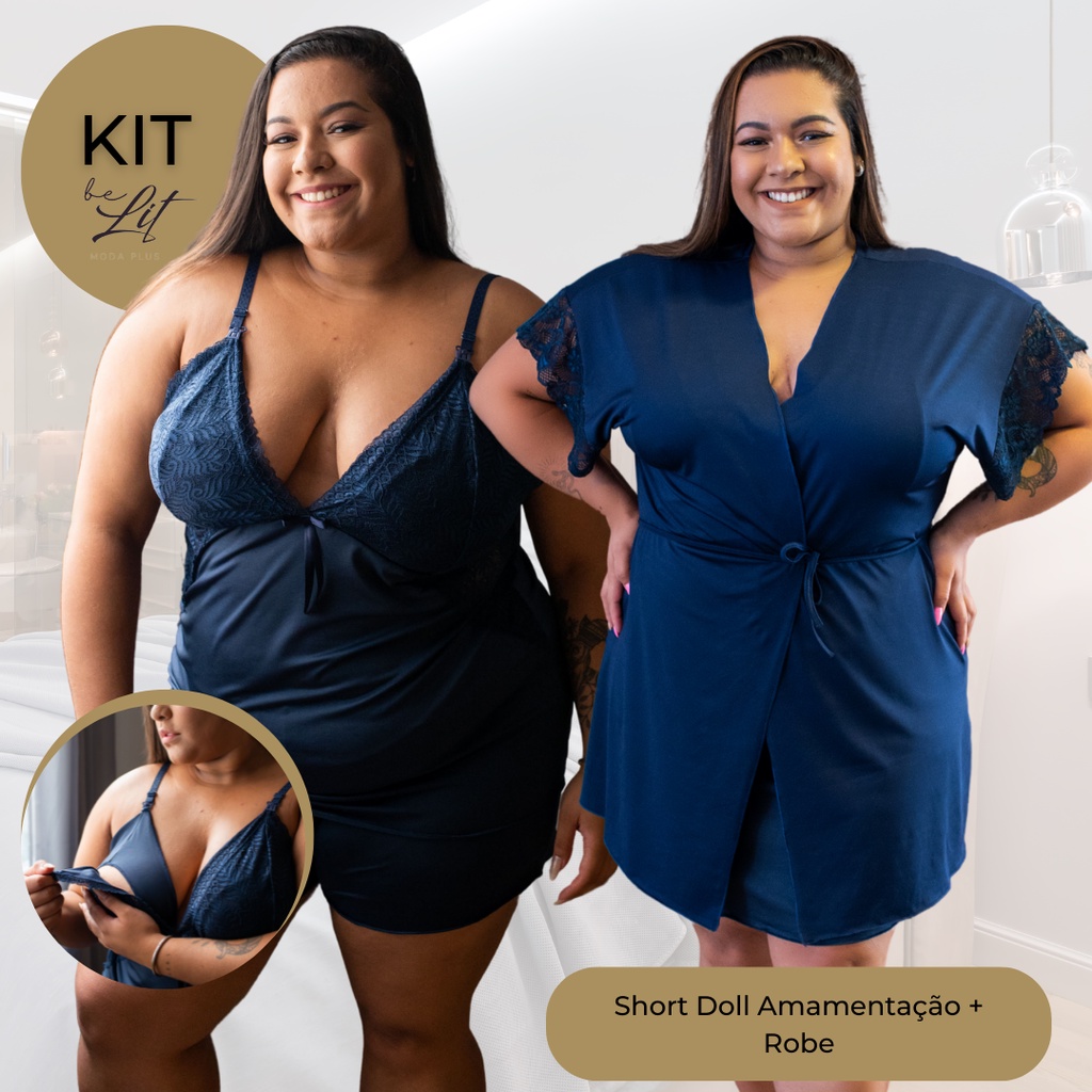 KIT 2 Peças - Robe e Short Doll Amamentação Plus Size 50 52 54 56 58 Conforto Renda Pijama Roupa de Dormir  BeLIT MODAS em Oferta na Shopee