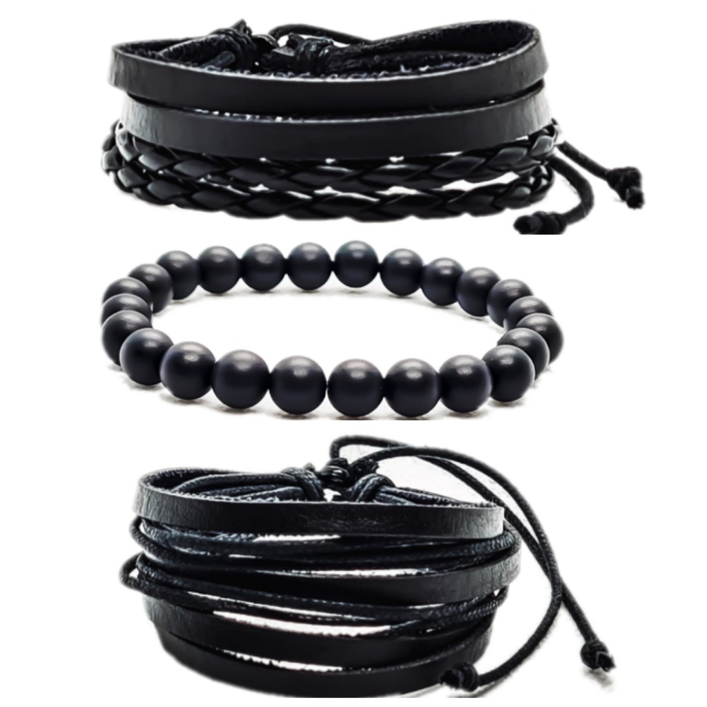 Kit 3 Pulseiras Braceletes Couro Moda Acessórios Masculino Feminino Ajustável Sendo Pulseira Trançada, Pulseira Voltas e Pulseira Bolinhas em Oferta na Shopee