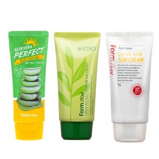 farmstay aloe vera perfect, dr-v8 vita, green tea seed moisture sun cream 70g em Oferta na Shopee
