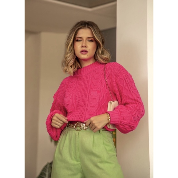 Blusa tricot colors blogueira manga princesa bufante inverno