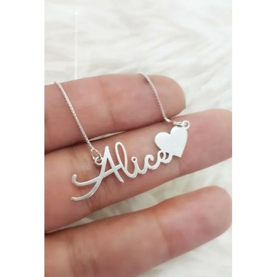 Colar Personalizado com Nome + Detalhe (❤👑🦋) Prata  - Fonte Fininha