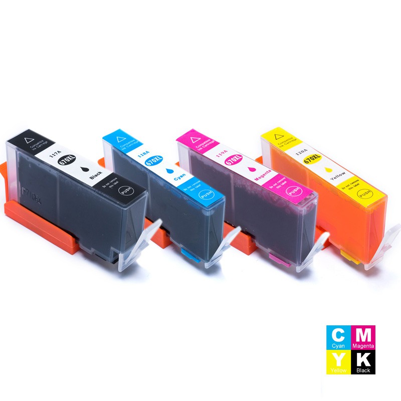 Kit Cartucho de Tinta Compatível com 3525 4615 | 670XL Preto 22ml Ciano, Magenta e Amarelo 14ml