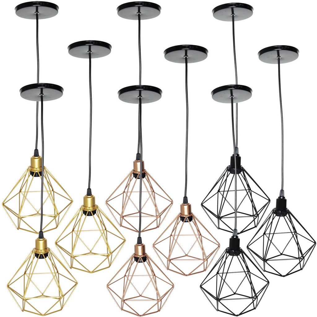 Kit 3 Pendente Aramado Diamante Luminária Lustre Luxo Pequeno Teto Retrô Agp Ilumini Industrial