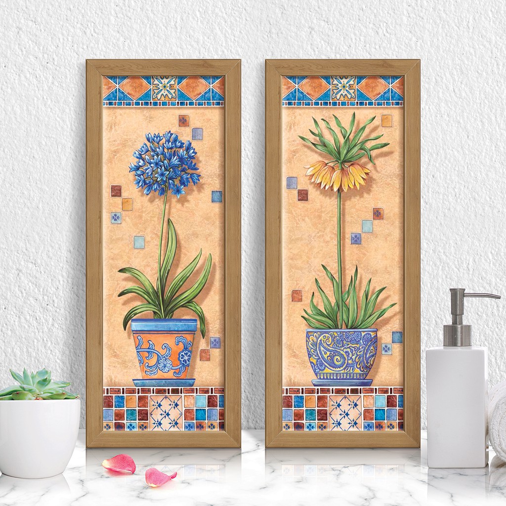 Quadro Decorativo Kit Com Moldura e Vidro Banheiro Flores Plantas Para Lavabo Cozinha Sala em Oferta na Shopee
