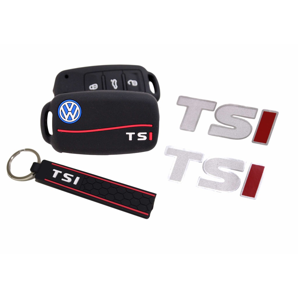 Kit Capa Silicone Chave Canivete TSI Faixa Vermelha + Chaveiro TSI + Par Adesivos TSI Coluna VW Up! Jetta Golf Tiguan