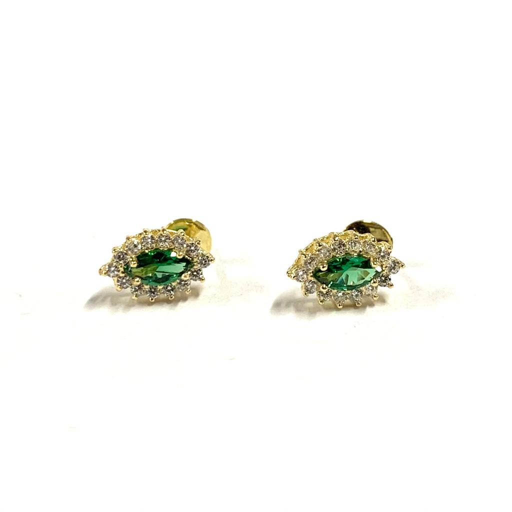 Brinco Zirconia Esmeralda Pedra Navete Ouro 18k