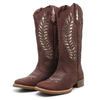 Bota de Couro Texana Feminina Botina Country Legitimo Bovino Cano Alto Corte a Laser com Brilho Efeito Gliter