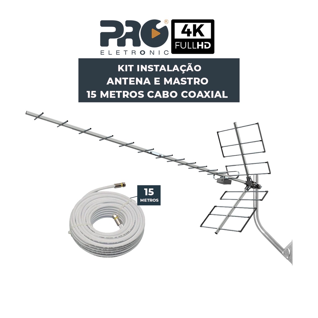Antena Digital Externa Uhf Yagi Prohd1118 - Mastro - Cabo Coaxial 15 metros