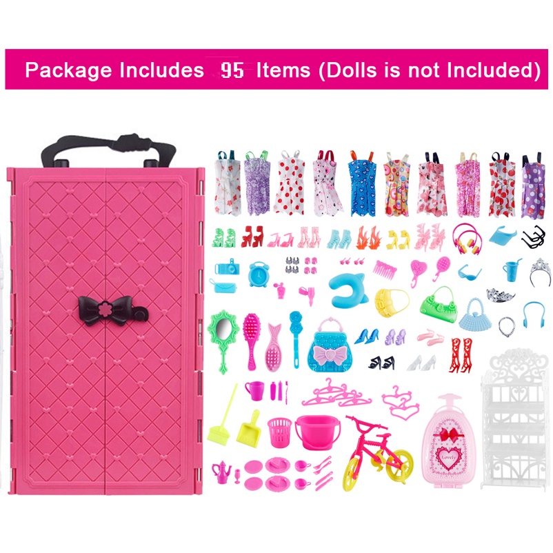 Mais Novo Vestido De Moda De Venda A Quente 95 Itens/Lot Acessórios Para Bonecas 30cm Roupeiro MIniature Dollhouse Furnitures For 30cm Doll