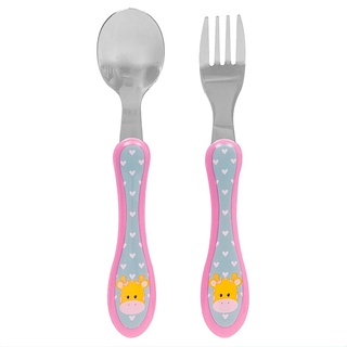 Kit Talheres Garfo e Colher Infantil Para Bebê +6 Meses De Aço Inoxidável Animal Fun Buba