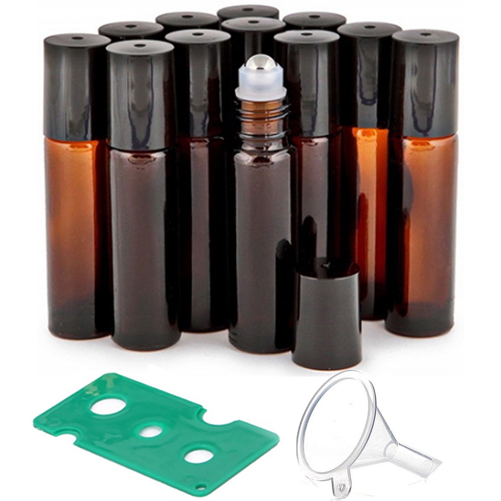 Kit 10 Uni Frasco Roll On Ambar 10 Ml com Tira tampa e Funil plástico