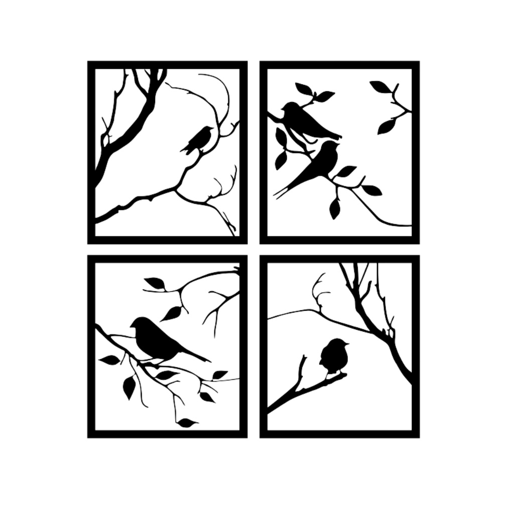 Quadro Decorativo Kit Painel Arvore e Pássaros Aplique De Parede Vazado Madeira MDf 3mm