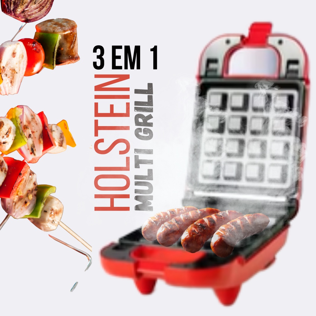 Multi Grill Holstein Premium -  Waffle, Hambúrguer, Panqueca, Grelhados, Sanduíches e Muito Mais - 127V - Vermelho