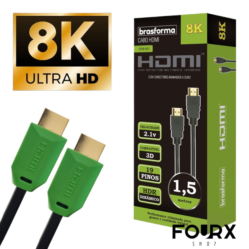 Cabo HDMI 2.1v 8K 4K 3D 1,5 Metros Ultra HD 64Gb 120Hz p/ Tv Ps5 Xbox