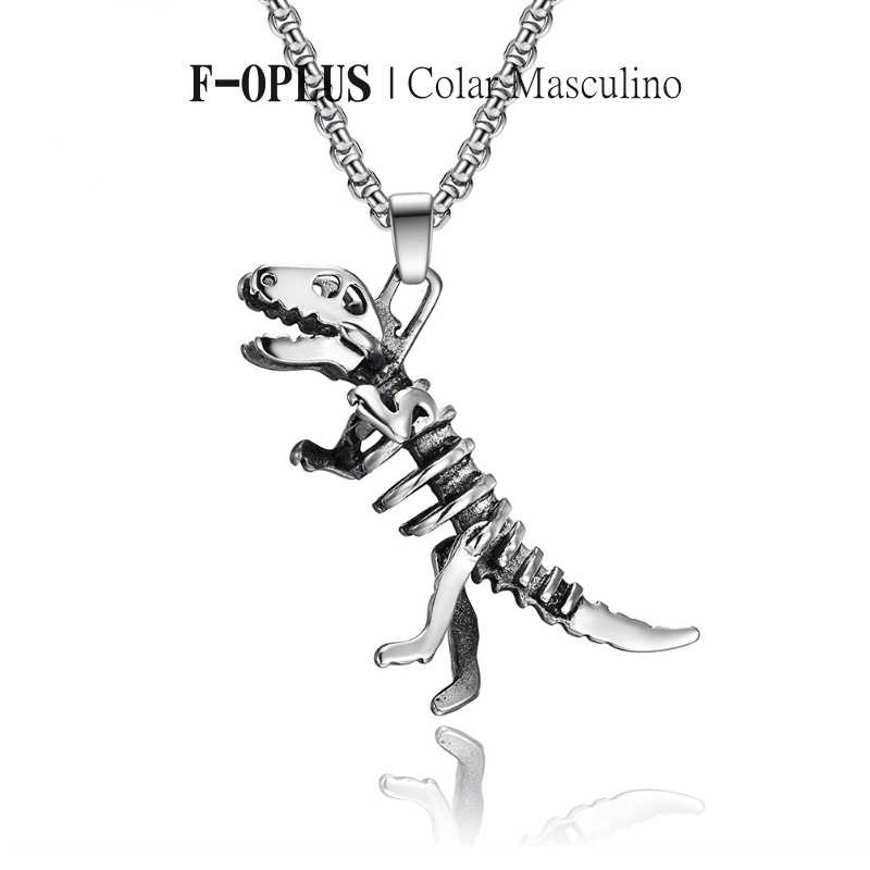 F-OPLUS | Colar Dinossauro Masculino Aço Inoxidável 60cm 70cm Corrente Masculina com Pingente de Dinossauro Tiranossauro Aço Cirúrgico TNM044