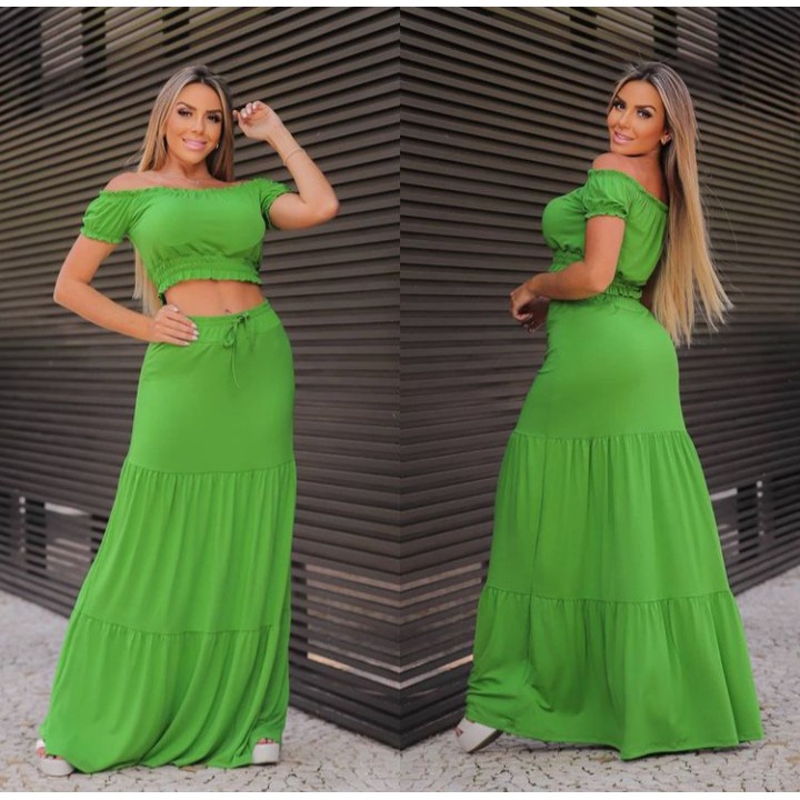 Conjunto feminino longo ombro a ombro manga curta tecido voscolycra