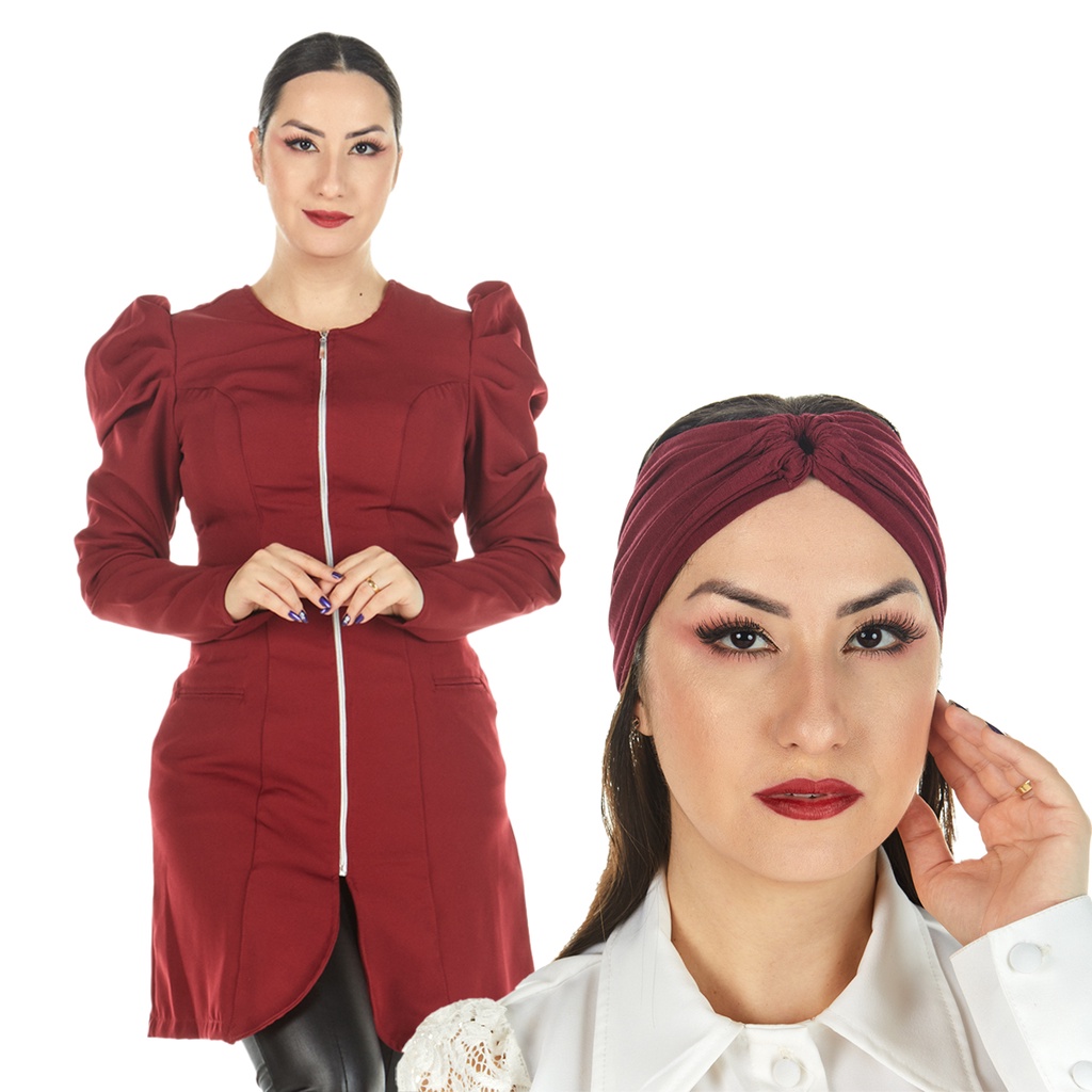 Jaleco Feminino Acinturado Manga Longa Princesa Bufante Marsala + Turbante Esteticista Salão de Beleza Profissional Nail Designer