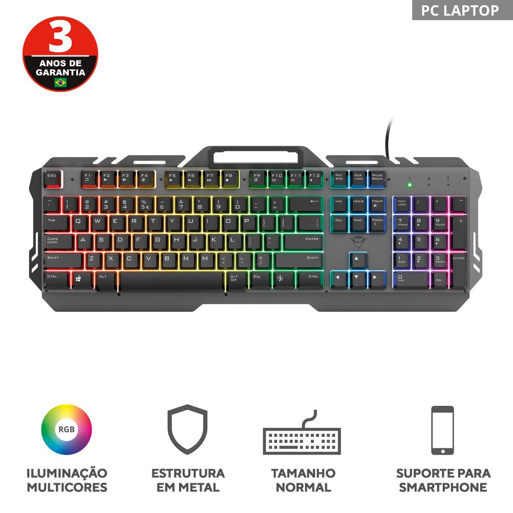 Teclado Gamer Trust GXT 853 Esca Metal Rainbow LED - Resistente e Completo para Alto Desempenho