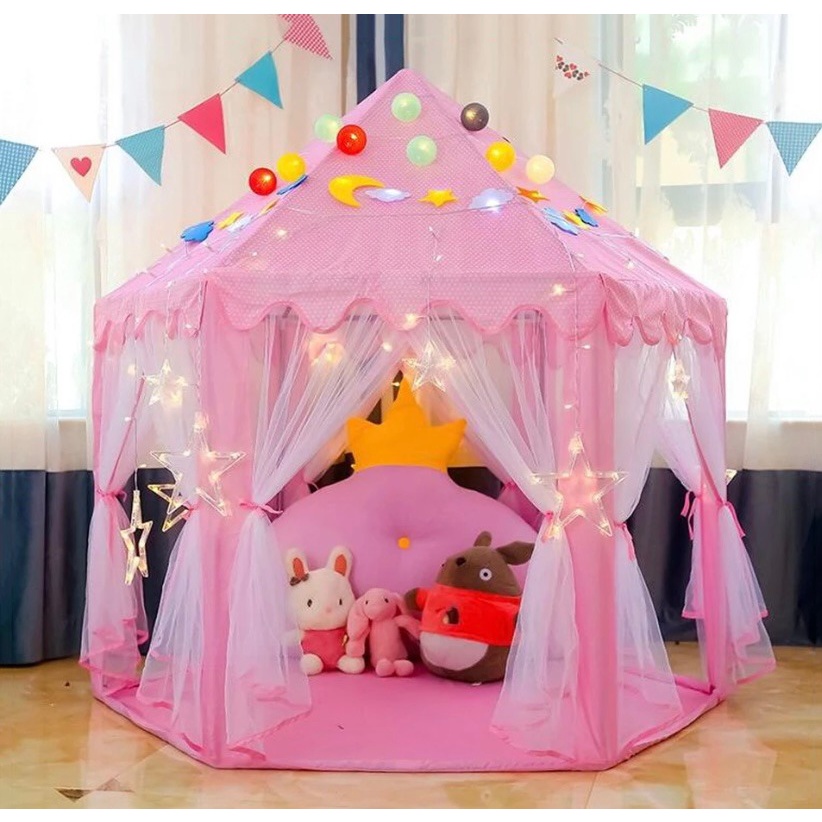 Tenda Barraca Rosa Cabana Toca Menina Com Luz Led Estrela+Bola Led Colorida Melhor Presente Infantil
