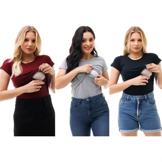 Kit com 3 blusas manga curta Amamentação ItsBella em Oferta na Shopee
