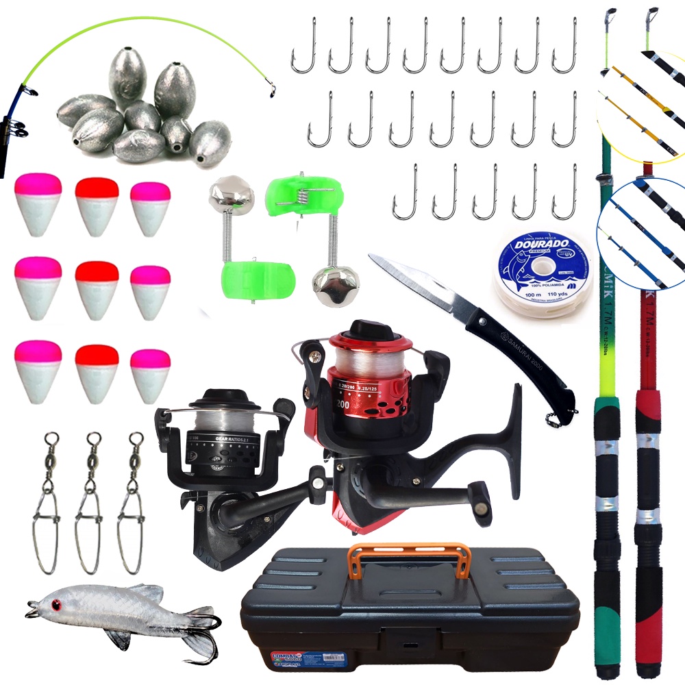 Kit Pescaria Com 2 Varas 2 Molinetes Maleta Isca e Acessórios