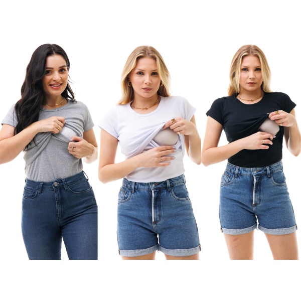 Kit com 3 Blusas Manga Curta Amamentação em Oferta na Shopee