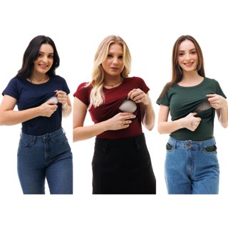 Kit com 3 Blusas Manga Curta Amamentação