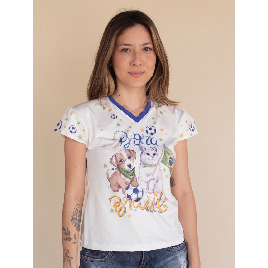 Blusa Tshirt Camiseta Fofa Casual Copa do Mundo Brasil Futebol Bola Pet Lovers Cachorros Cats Gatos