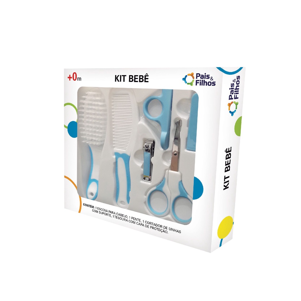 Kit Azul Higiene Cuidados Bebê Tesoura Cortador Escova Pente