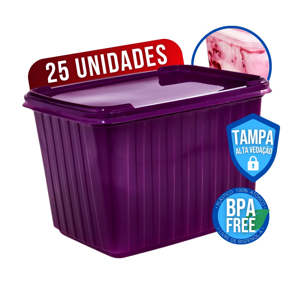 25 Potes Açaí Pote de Plástico Sorveteria Armazenar Bolo Sorvete Marmita Organizador Comercio Atacado Varejo Grande Capacidade de 2L Resistente Com Tampa e Lacre de Proteção Vedação