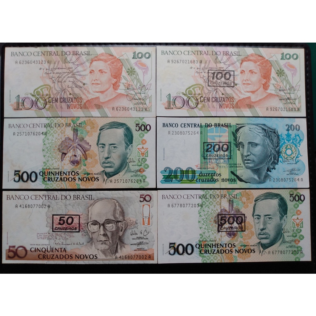 Cédulas 100 e 500 cruzados novos, e 50 a 500 cruzados novos carimbo de cruzeiro, 1989-90, MBC/Sob e Soberbas, circuladas