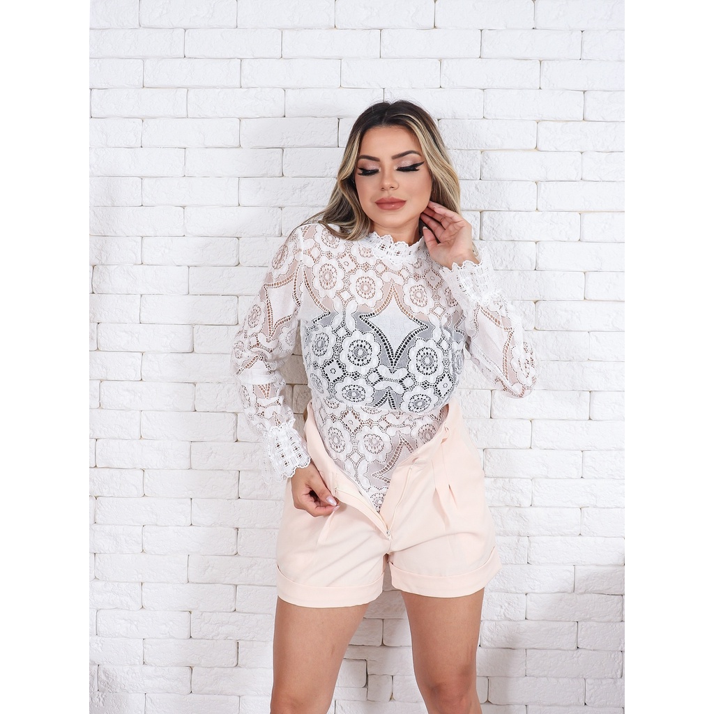 Body Feminino Manga longa Renda e tule Luxo(AH1025)