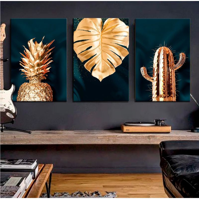 Quadro placa decorativa 3 peças abacaxi folha cacto dourado 20x30  Alta Qualidade 4k