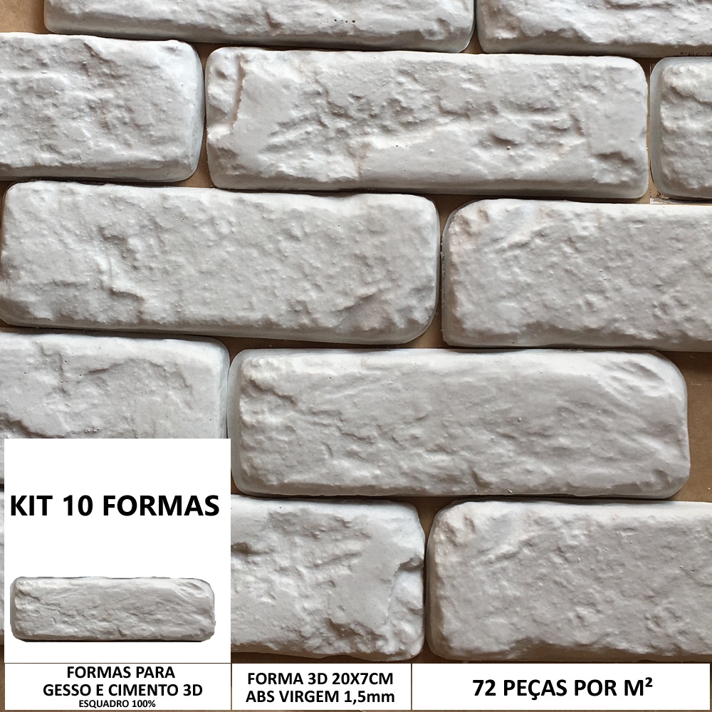 10 Forma 3d Gesso Tijolinho Rústico 19x7cm ABS 1,5mm Molde para Gesso/Cimento 619