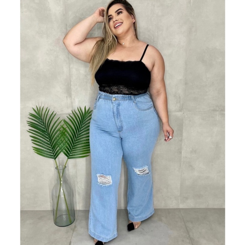 Calça Jeans Feminina Wide Leg Plus Size Cintura Alta Tendencia Lisa