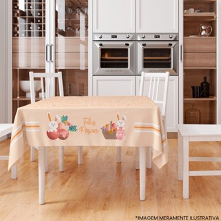 Toalha de Mesa Páscoa Quadrada 4 lugares Coelho e Cesta DcoreAqui