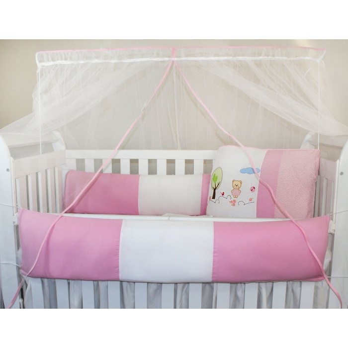 Kit Protetor de Berço Kids com Mosquiteiro Comum 7 peças Jardim Rosa