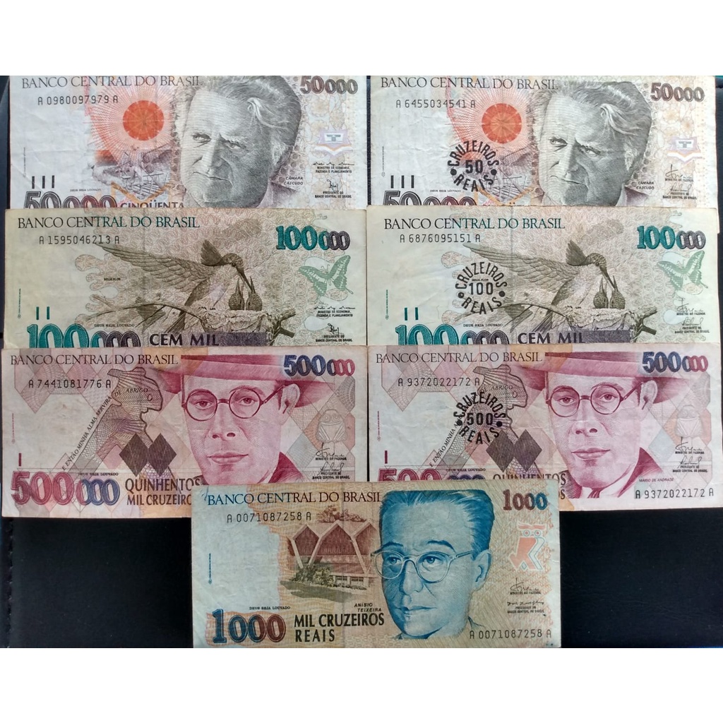 Cédulas de 50.000 A 500.000 cruzeiros e de 50 a 1.000 cruzeiros reais, 1992-1993, BC/MBC, circuladas em Oferta na Shopee