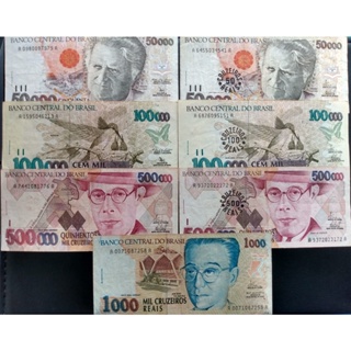 Cédulas de 50.000 A 500.000 cruzeiros e de 50 a 1.000 cruzeiros reais, 1992-1993, BC/MBC, circuladas em Oferta na Shopee
