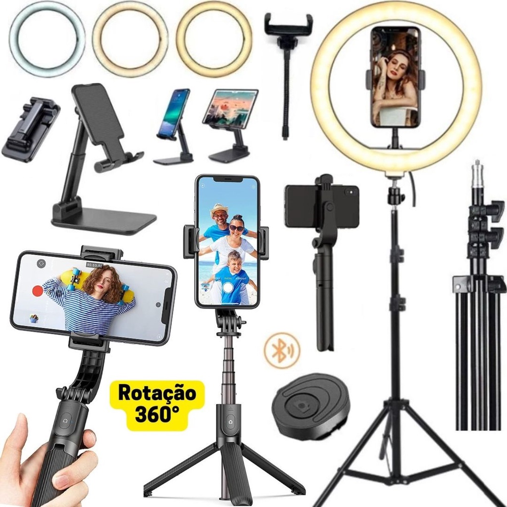 Kit Gravação Ring Light Led Profissional Tripé Bastão Suporte Para Celular Com Controle