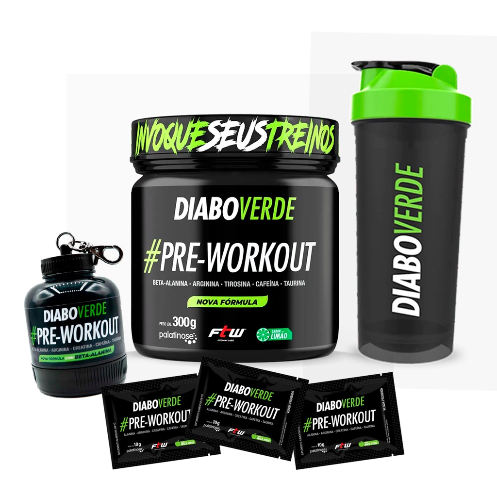 Pré treino Diabo Verde Pre workout 300g FTW + Container + Coqueteleira + 3x sachês