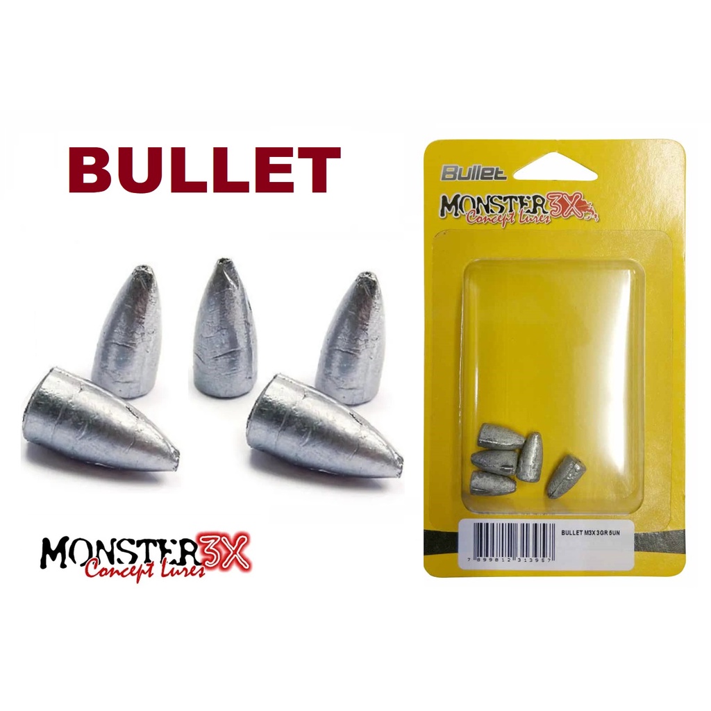 Chumbo Bullet Monster 3x Cartela 5 Unidades Diversas Medidas Para Pesca com Isca Soft