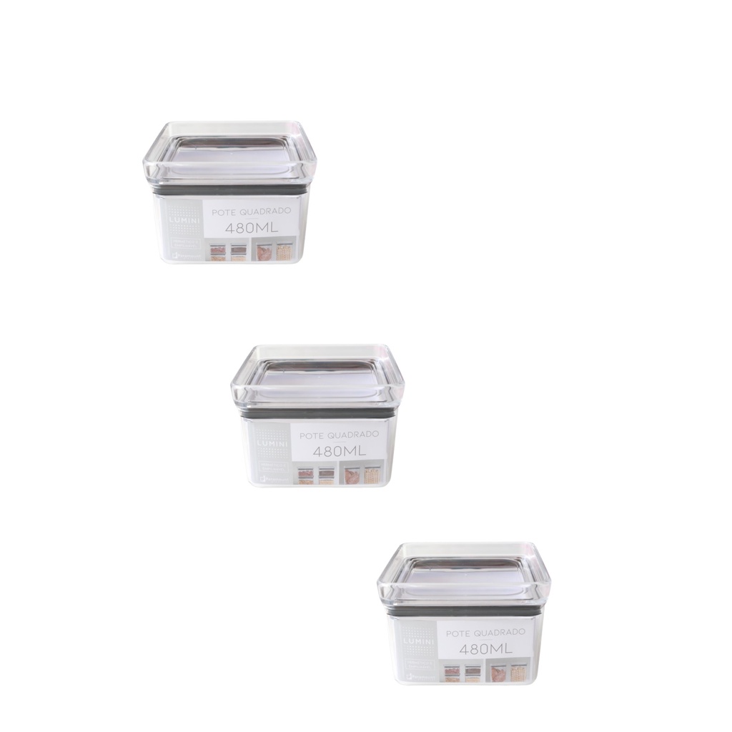 Pote Hermético Vedado Kit 3 Unidades 480ml Lumini Quadrado Para Geladeira Armário Porta Alimentos Marmitinha Utilidades