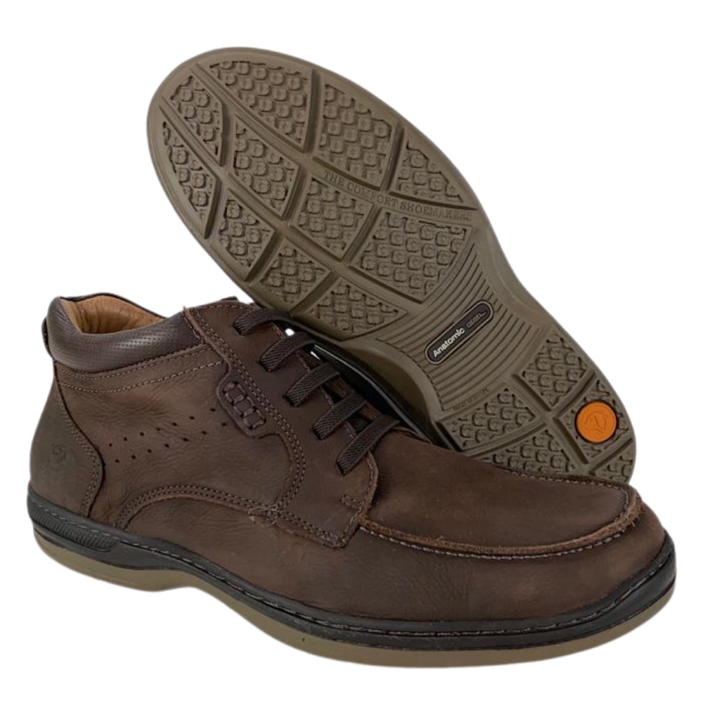 Sapato Masculino Anatomic Gel Social Original Couro Rústico Marrom Cadarço de Elástico Solado Gel