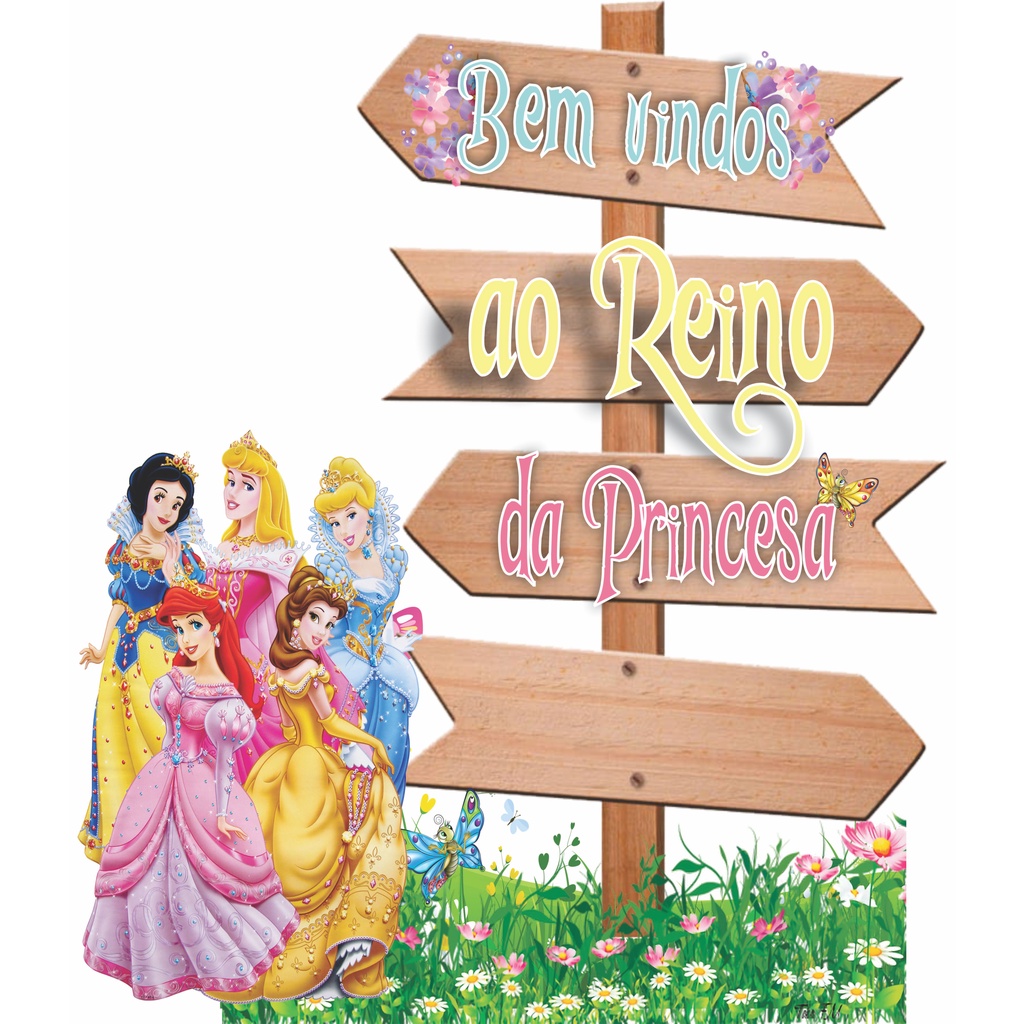 1 display placa seta indicadora mdf cenário princesas personalizamos NOME decoração festa