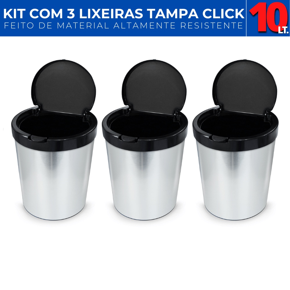 Kit 3 Lixeira Cesto 10 Litros c/ Tampa Click Inox Escritorio