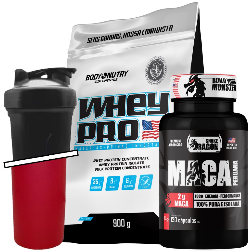 Kit Whey Protein 900g + Maca Peruana 120 Cápsulas + Coqueteleira