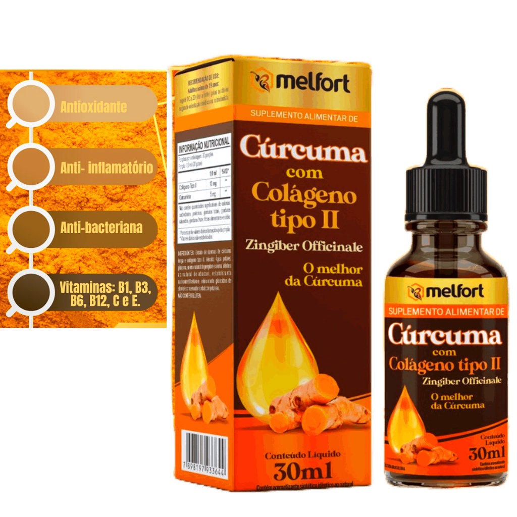 Curcumina + colageno tipo 2 com Vitaminas B1 B3 B6 B12 - 30 ml