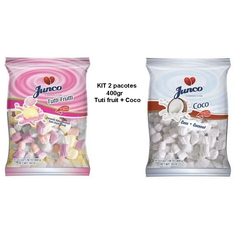 KIT 2 pacotes de bala de coco (tuti fruit+coco) 400gr cada - Junco em Oferta na Shopee